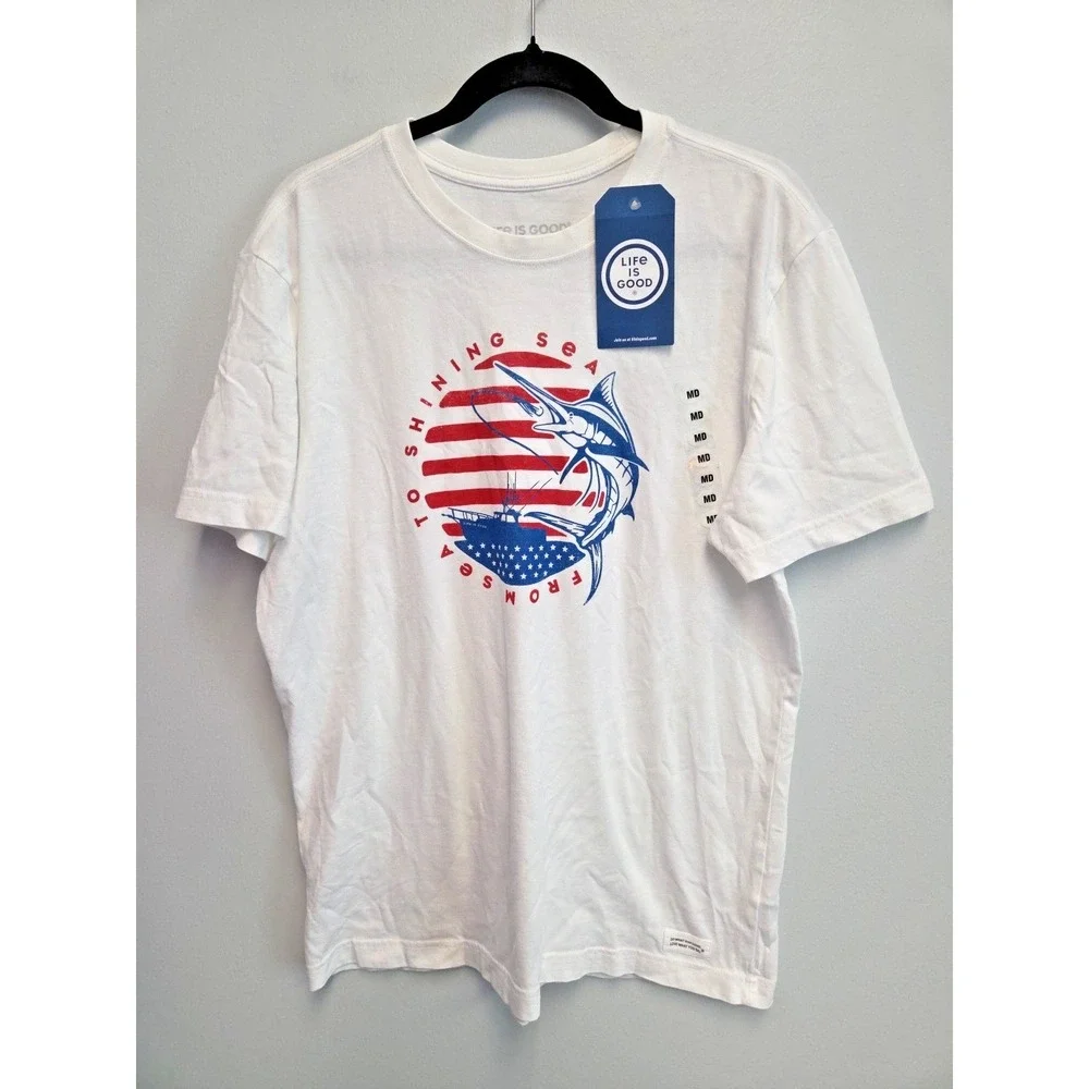 Life Is Good Crusher T Shirt Mens Sz M American Flag Beach Shining Sea NWT